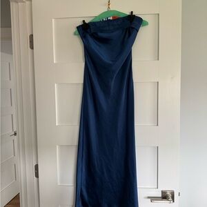Blue Strapless Satin Midi Dress